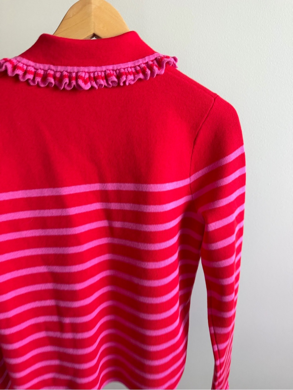 Boden Red & Pink Striped Ruffle Collar Cardigan Sweater Size S NWOT Wool Cotton - Picture 7 of 13